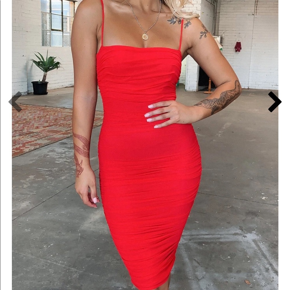 Red scrunched midi dress